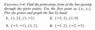 Exercises 1-4: Find the point-slope form of the line passing
through the given points. Use the first point as (x1, yı).
Plot the points and graph the line by hand.
1. (1,2). (3, –2)
2. (-2, 3), (1, 0)
3. (-3, –1), (1, 2)
4. (-1, 2). (–2, –3)
