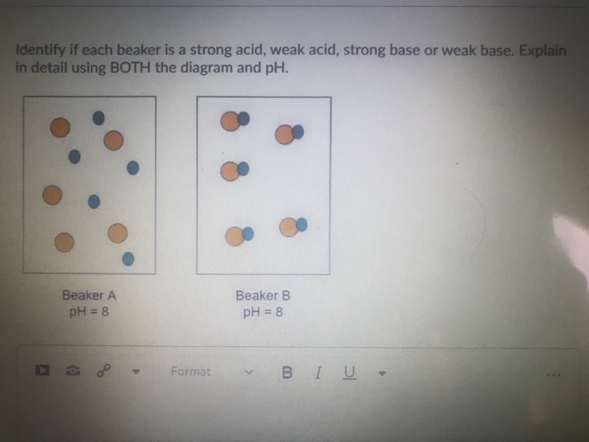 Identify if each beaker is a strong acid, weak acid, strong base or weak base. Explain
in detail using BOTH the diagram and pH.
Beaker A
pH = 8
Beaker B
pH = 8
Format
BIU
