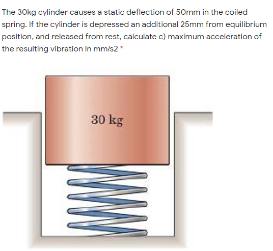 The 30kg cylinder causes a static deflection of 50mm in the coiled
spring. If the cylinder is depressed an additional 25mm from equilibrium
position, and released from rest, calculate c) maximum acceleration of
the resulting vibration in mm/s2 *
30 kg
