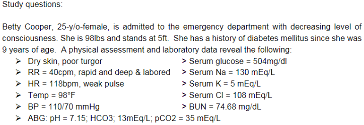 Study questions:
Betty Cooper, 25-y/o-female, is admitted to the emergency department with decreasing level of
consciousness. She is 98lbs and stands at 5ft. She has a history of diabetes mellitus since she was
9 years of age. A physical assessment and laboratory data reveal the following:
> Dry skin, poor turgor
> RR = 40cpm, rapid and deep & labored
> HR = 118bpm, weak pulse
> Temp = 98°F
> BP = 110/70 mmHg
> ABG: pH = 7.15; HCO3; 13mEq/L; PCO2 = 35 mEq/L
> Serum glucose = 504mg/dl
> Serum Na = 130 mEq/L
> Serum K = 5 mEq/L
> Serum CI = 108 mEq/L
> BUN = 74.68 mg/dL
