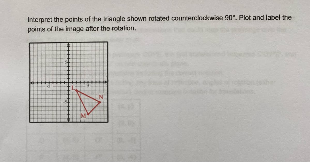 Interpret the points of the triangle shown rotated counterclockwise 90°. Plot and label the
points of the image after the rotation.
