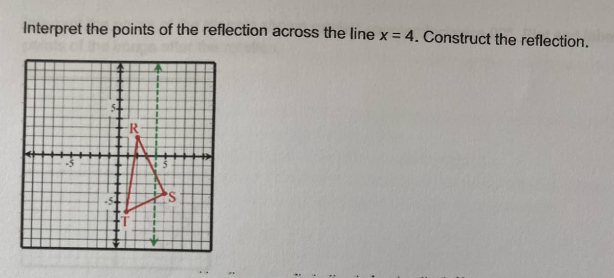 Interpret the points of the reflection across the line x = 4. Construct the reflection.
%3D
R
