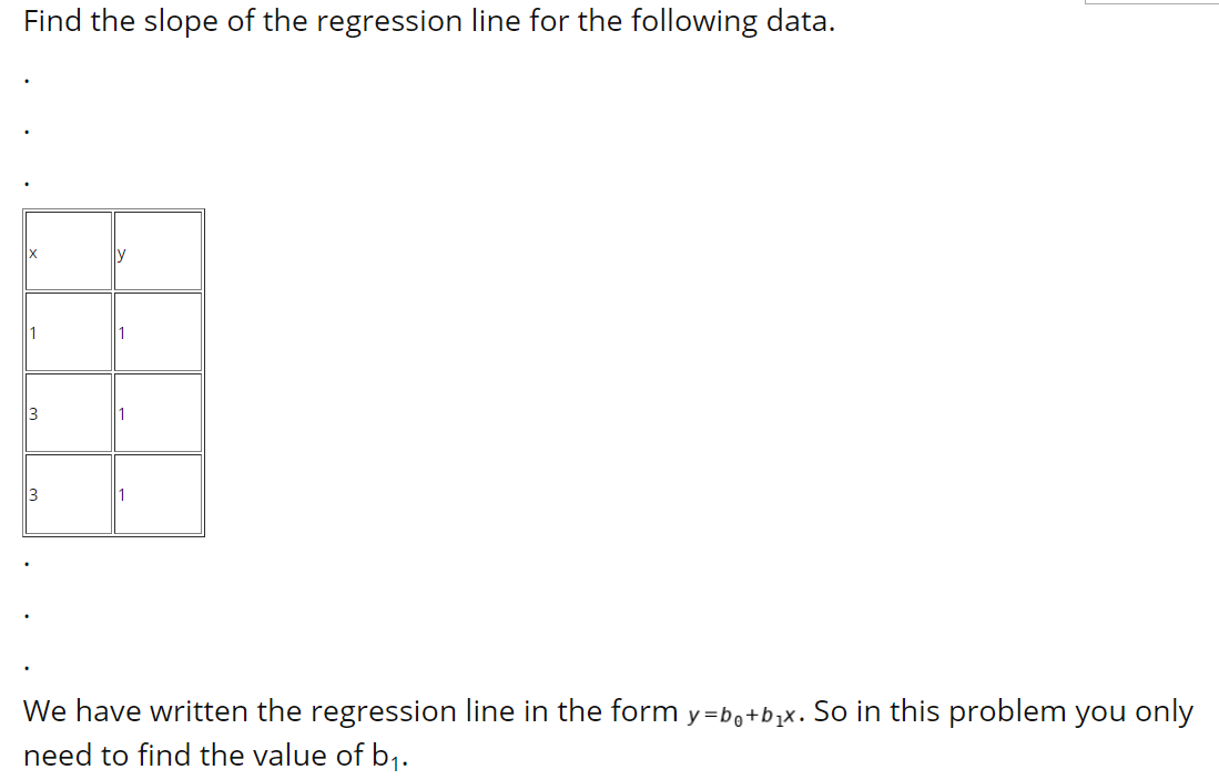 Find the slope of the regression line for the following data.
ly
13
1
3
We have written the regression line in the form y=bo+bx. So in this problem you only
need to find the value of b1.
