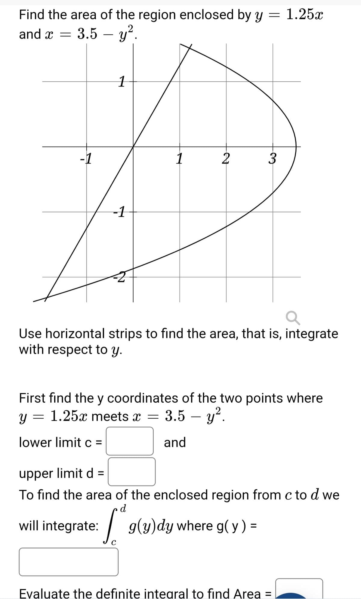 Find the area of the region enclosed by y = 1.25x
and x =
3.5 — у'.
-
1
-1
1
3
-1
Use horizontal strips to find the area, that is, integrate
with respect to y.
First find the y coordinates of the two points where
y = 1.25x meets x
3.5 — у?.
lower limit c =
and
upper limit d =
To find the area of the enclosed region from c to d we
d
will integrate:
g(y)dy where g( y) =
%3D
Evaluate the definite intearal to find Area =
