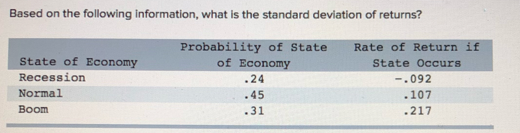 Based on the following information, what is the standard deviation of returns?
Probability of State
of Economy
Rate of Return if
State of Economy
State Occurs
Recession
.24
-.092
Normal
.45
.107
Boom
.31
.217
