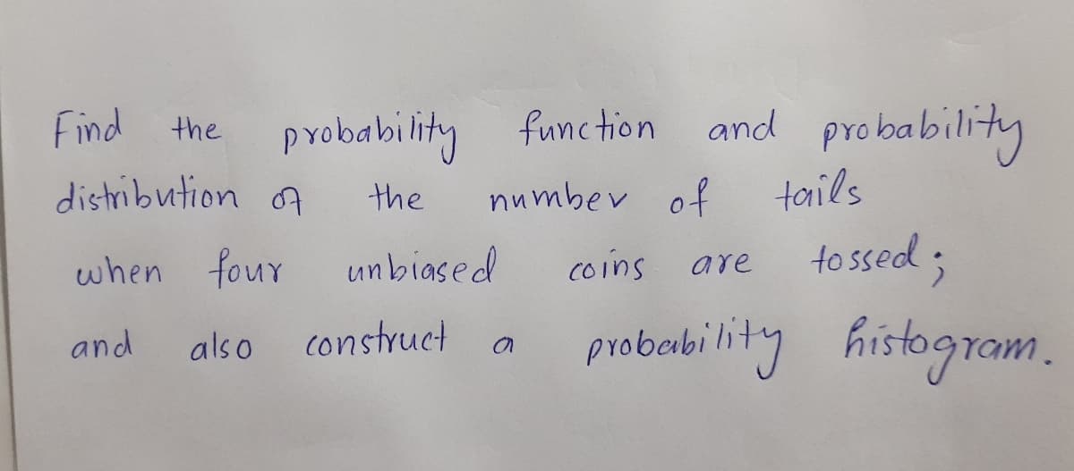 and probability
the probability function
distribution of
Find
the
numbev of
tails
when four
unbiased
Coins are
to ssed ;
probability histogram.
and
als o
construct
