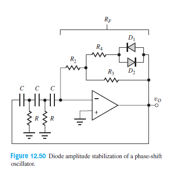 Rf
DI
R4
R2
R3
D2
Figure 12.50 Diode amplitude stabilization of a phase-shift
oscillator.
