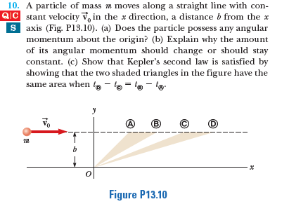 10. A particle of mass m moves along a straight line with con-
QIC stant velocity v, in the x direction, a distance b from the x
s axis (Fig. P13.10). (a) Does the particle possess any angular
momentum about the origin? (b) Explain why the amount
of its angular momentum should change or should stay
constant. (c) Show that Kepler's second law is satisfied by
showing that the two shaded triangles in the figure have the
same area when te - le = ta - la
(B)
Figure P13.10
