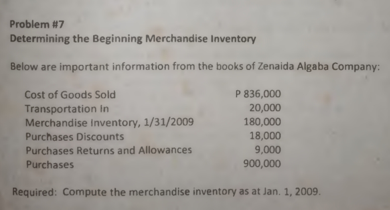 Problem #7
Determining the Beginning Merchandise Inventory
Below are important information from the books of Zenaida Algaba Company:
Cost of Goods Sold
P 836,000
20,000
Transportation in
Merchandise Inventory, 1/31/2009
180,000
18,000
9,000
Purchases Discounts
Purchases Returns and Allowances
Purchases
900,000
Required: Compute the merchandise inventory as at Jan. 1, 2009.
