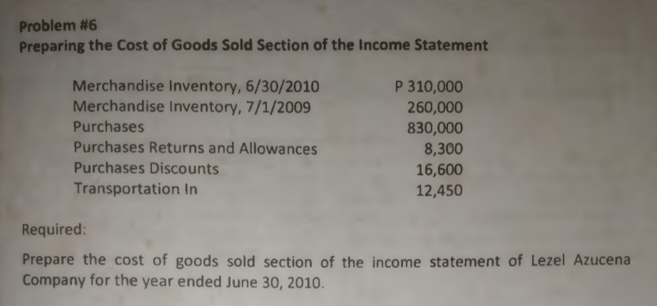 Problem #6
Preparing the Cost of Goods Sold Section of the Income Statement
Merchandise Inventory, 6/30/2010
Merchandise Inventory, 7/1/2009
P 310,000
260,000
Purchases
830,000
Purchases Returns and Allowances
8,300
Purchases Discounts
16,600
12,450
Transportation In
Required:
Prepare the cost of goods sold section of the income statement of Lezel Azucena
Company for the year ended June 30, 2010.
