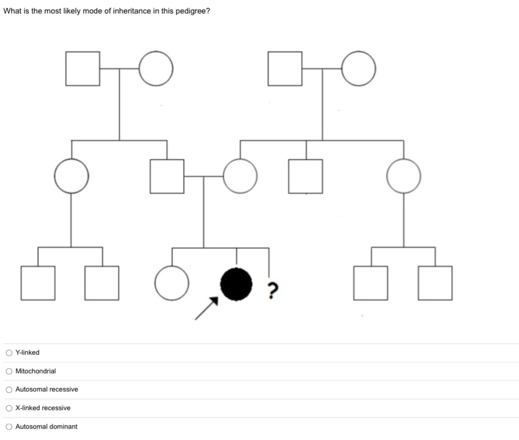 What is the most likely mode of inheritance in this pedigree?
?
O Y-linked
O Mitochondrial
O Autosomal recessive
O X-linked recessive
O Autosomal dominant
O oo o o

