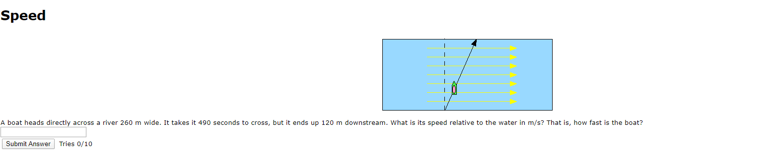Speed
A boat heads directly across
a river 260
m wide. It takes it 490 seconds to cross, but it ends up 120
m downstream. What is its
speed relative to the water
in m/s? That is, how fast
is the boat?
Submit Answer Tries 0/10
