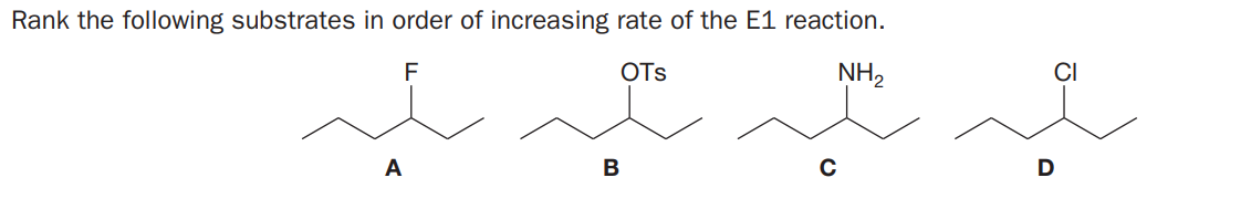 Rank the following substrates in order of increasing rate of the E1 reaction.
NH2
F
OTs
D
A
B

