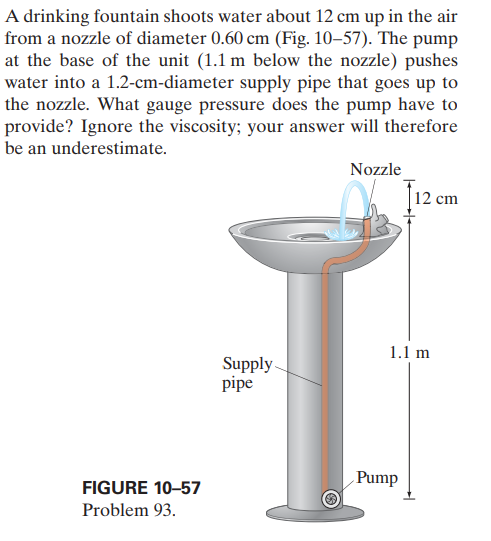 A drinking fountain shoots water about 12 cm up in the air
from a nozzle of diameter 0.60 cm (Fig. 10–57). The pump
at the base of the unit (1.1 m below the nozzle) pushes
water into a 1.2-cm-diameter supply pipe that goes up to
the nozzle. What gauge pressure does the pump have to
provide? Ignore the viscosity; your answer will therefore
be an underestimate.
Nozzle
Ț
12 cm
1.1 m
Supply.
pipe
Pump
FIGURE 10-57
Problem 93.
