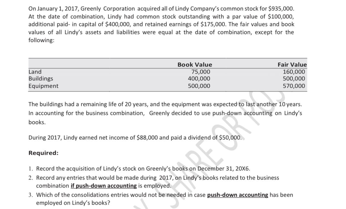 On January 1, 2017, Greenly Corporation acquired all of Lindy Company's common stock for $935,000.
At the date of combination, Lindy had common stock outstanding with a par value of $100,000,
additional paid- in capital of $400,000, and retained earnings of $175,000. The fair values and book
values of all Lindy's assets and liabilities were equal at the date of combination, except for the
following:
Book Value
Fair Value
Land
Buildings
Equipment
75,000
400,000
500,000
160,000
500,000
570,000
The buildings had a remaining life of 20 years, and the equipment was expected to last another 10 years.
In accounting for the business combination, Greenly decided to use push-down accounting on Lindy's
books.
During 2017, Lindy earned net income of $88,000 and paid a dividend of $50,000.
Required:
REOR
1. Record the acquisition of Lindy's stock on Greenly's books on December 31, 20X6.
2. Record any entries that would be made during 2017, on Lindy's books related to the business
combination if push-down accounting is employed.
3. Which of the consolidations entries would not be needed in case push-down accounting has been
employed on Lindy's books?
