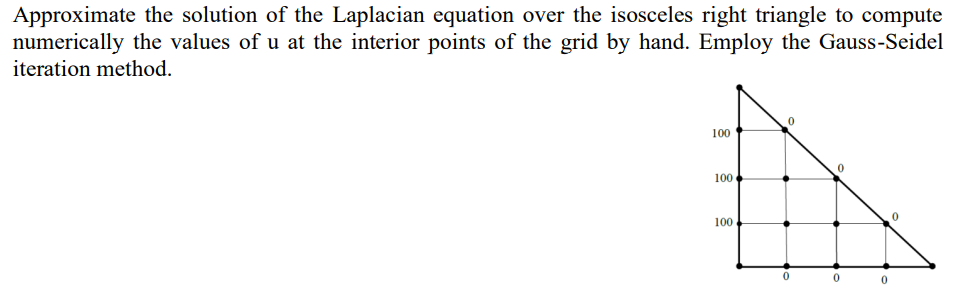 Approximate the solution of the Laplacian equation over the isosceles right triangle to compute
numerically the values of u at the interior points of the grid by hand. Employ the Gauss-Seidel
iteration method.
100
100
100
0
