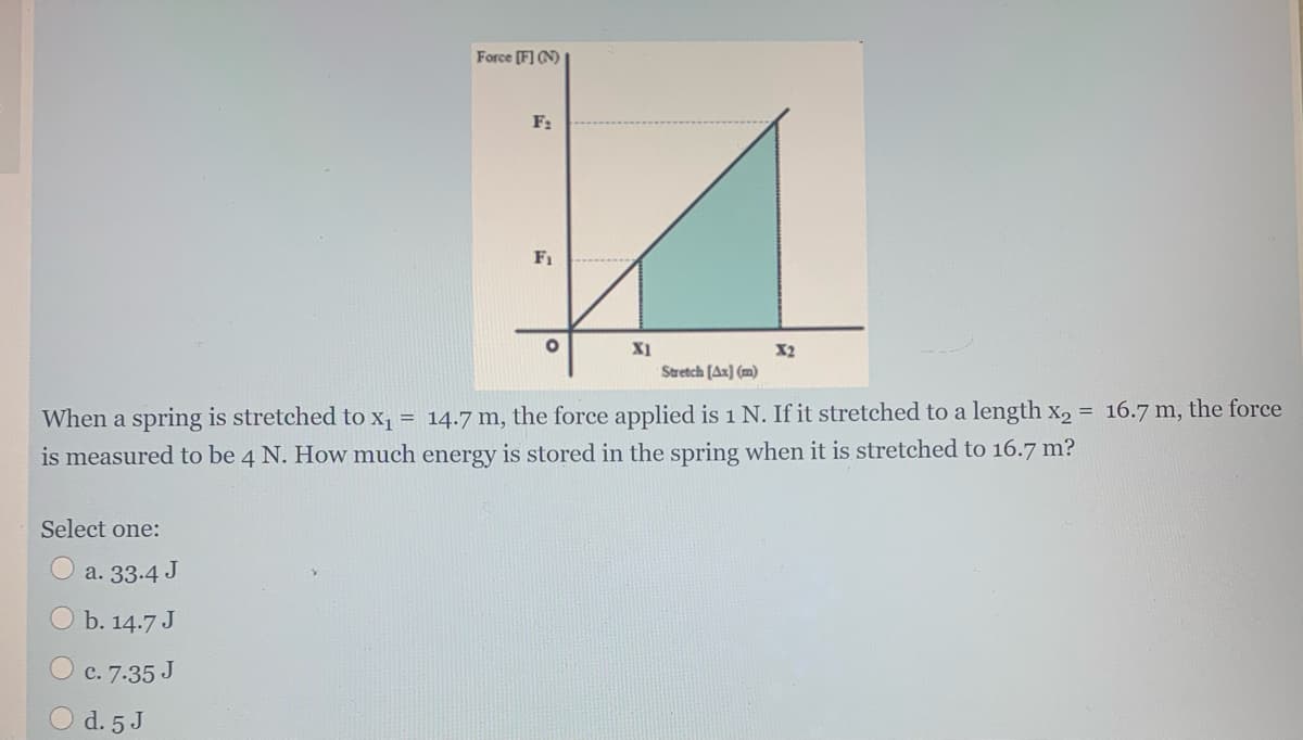 Force [F] (N)
F:
F1
X1
Stretch (Ax) (m)
X2
When a spring is stretched to x, = 14.7 m, the force applied is 1 N. If it stretched to a length x2 = 16.7 m, the force
is measured to be 4 N. How much energy is stored in the spring when it is stretched to 16.7 m?
Select one:
a. 33.4 J
b. 14.7 J
c. 7.35 J
d. 5 J
