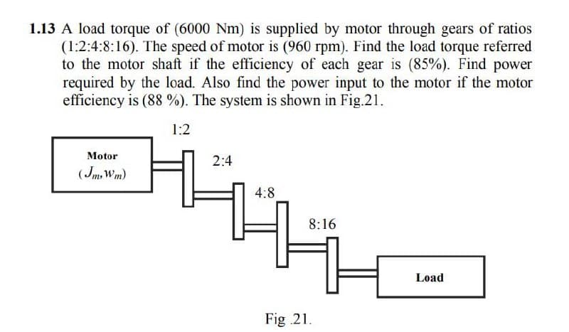 1.13 A load torque of (6000 Nm) is supplied by motor through gears of ratios
(1:2:4:8:16). The speed of motor is (960 rpm). Find the load torque referred
to the motor shaft if the efficiency of each gear is (85%). Find power
required by the load. Also find the power input to the motor if the motor
efficiency is (88 %). The system is shown in Fig.21.
1:2
Motor
2:4
(Jm Wm)
4:8
8:16
Load
Fig 21.
