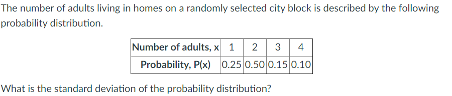 The number of adults living in homes on a randomly selected city block is described by the following
probability distribution.
Number of adults, x 1 2
3
4
Probability, P(x) 0.25 0.50 0.15 0.10
What is the standard deviation of the probability distribution?
