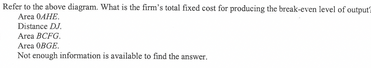 Refer to the above diagram. What is the firm's total fixed cost for producing the break-even level of output?
Area OAHE.
Distance DJ.
Area BCFG.
Area OBGE.
Not enough information is available to find the answer.