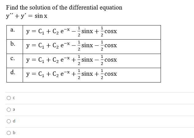 sinx +c
Find the solution of the differential equation
y" + y' = sin x
y = C, + C2 e¬x
а.
- sinx +=cosx
2
2
1
y = C1 + C2 e¬* - sinx
-- COSX
2
2
y = C1 + C2 e¬* +sinx -co
с.
2
2
d.
y = C, + C2 e-* + sinx + cosx
2
2
a
b.
