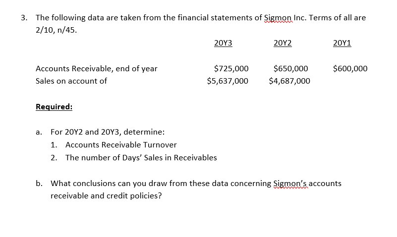 3. The following data are taken from the financial statements of Sigmon Inc. Terms of all are
2/10, n/45.
Accounts Receivable, end of year
Sales on account of
Required:
20Y3
$725,000
$5,637,000
a. For 20Y2 and 20Y3, determine:
1. Accounts Receivable Turnover
2. The number of Days' Sales in Receivables
20Y2
$650,000
$4,687,000
20Y1
$600,000
b. What conclusions can you draw from these data concerning Sigmon's accounts
receivable and credit policies?