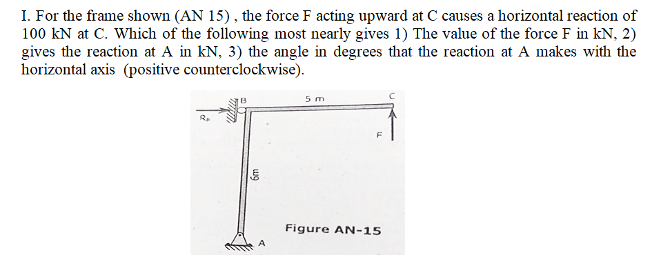 I. For the frame shown (AN 15), the force F acting upward at C causes a horizontal reaction of
100 kN at C. Which of the following most nearly gives 1) The value of the force F in kN, 2)
gives the reaction at A in kN, 3) the angle in degrees that the reaction at A makes with the
horizontal axis (positive counterclockwise).
5 m
Figure AN-15
