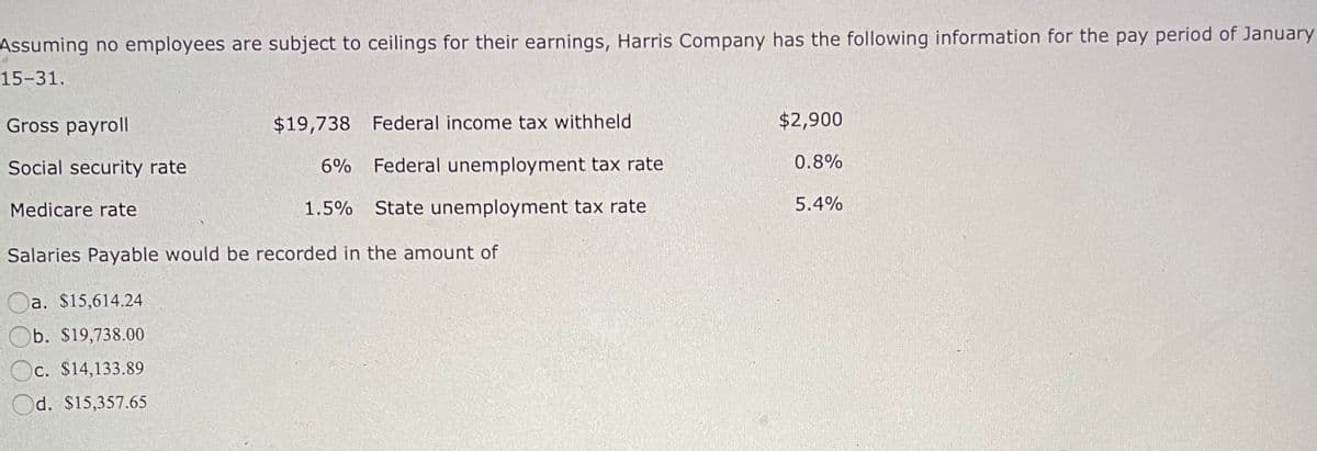 Assuming no employees are subject to ceilings for their earnings, Harris Company has the following information for the pay period of January
15-31.
Gross payroll|
$19,738 Federal income tax withheld
$2,900
Social security rate
6% Federal unemployment tax rate
0.8%
Medicare rate
1.5%
State unemployment tax rate
5.4%
Salaries Payable would be recorded in the amount of
Oa. $15,614.24
Ob. $19,738.00
Oc. $14,133.89
Od. $15,357.65
