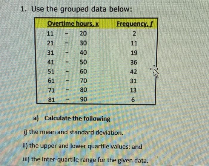 1. Use the grouped data below:
Overtime hours, x
Frequency, f
11
20
21
30
11
31
40
19
41
50
36
51
60
42
61
70
31
71
80
13
81
90
a) Calculate the following
i) the mean and standard deviation.
i) the upper and lower quartile values; and
ii) the inter-quartile range for the given data.
2.
