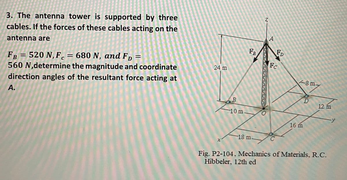 3. The antenna tower is supported by three
cables. If the forces of these cables acting on the
A
antenna are
F3
FD
FB = 520 N, F. = 680 N, and F,
560 N,determine the magnitude and coordinate
direction angles of the resultant force acting at
%D
C
Fc
24 m
8 m
А.
12 m
10 m.
16 m
-18 m
Fig. P2-104, Mechanics of Materials, R.C.
Hibbeler, 12th ed

