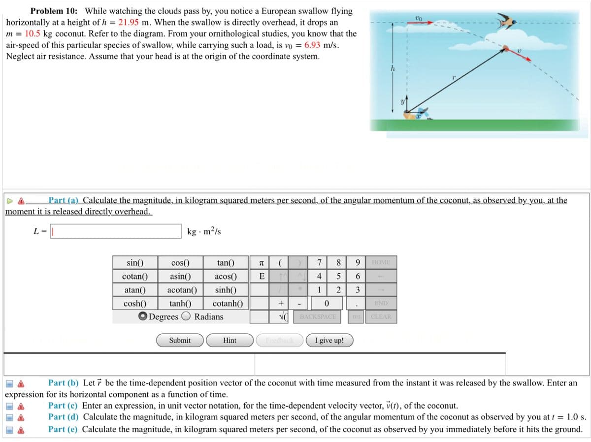 Problem 10: While watching the clouds pass by, you notice a European swallow flying
horizontally at a height of h = 21.95 m. When the swallow is directly overhead, it drops an
m = 10.5 kg coconut. Refer to the diagram. From your ornithological studies, you know that the
air-speed of this particular species of swallow, while carrying such a load, is vo = 6.93 m/s.
Neglect air resistance. Assume that your head is at the origin of the coordinate system.
Part (a) Calculate the magnitude, in kilogram squared meters per second, of the angular momentum of the coconut, as observed by_you, at the
moment it is released directly overhead.
L =
kg · m²/s
sin()
cos()
tan()
7
8
9.
НОМЕ
cotan()
asin()
аcos()
E
4
6.
atan()
acotan()
sinh()
1
2
3
cosh()
tanh()
cotanh()
END
+
Degrees
Radians
BACKSPACE
DEL CLEAR
Submit
Hint
Feedback
I give up!
Part (b) Let 7 be the time-dependent position vector of the coconut with time measured from the instant it was released by the swallow. Enter an
expression for its horizontal component as a function of time.
Part (c) Enter an expression, in unit vector notation, for the time-dependent velocity vector, v(t), of the coconut.
Part (d) Calculate the magnitude, in kilogram squared meters per second, of the angular momentum of the coconut as observed by you at t = 1.0 s.
Part (e) Calculate the magnitude, in kilogram squared meters per second, of the coconut as observed by you immediately before it hits the ground.
