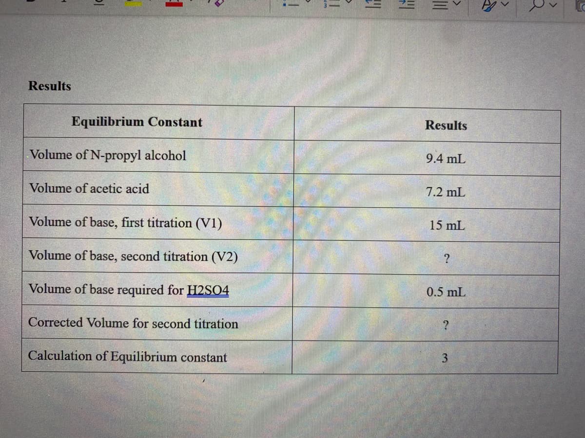 Results
Equilibrium Constant
Results
Volume of N-propyl alcohol
9.4 mL
Volume of acetic acid
7.2 mL
Volume of base, first titration (V1)
15 mL
Volume of base, second titration (V2)
Volume of base required for H2SO4
0.5 mL
Corrected Volume for second titration
Calculation of Equilibrium constant
3
