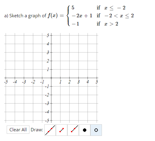 a) Sketch a graph of f(x):
-5 -4 -3 -2 -1
Clear All Draw:
5+
4
3
2+
1
-1
-2
-3
-4-
-5-
=
1
5
-2x+1
- 1
2 3
if
if
if x > 2
x ≤ - 2
-2 < x≤2