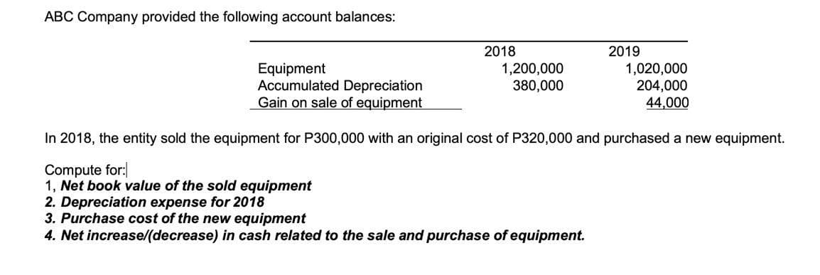 ABC Company provided the following account balances:
Equipment
Accumulated Depreciation
Gain on sale of equipment
2018
1,200,000
380,000
2019
2. Depreciation expense for 2018
3. Purchase cost of the new equipment
4. Net increase/(decrease) in cash related to the sale and purchase of equipment.
1,020,000
204,000
44,000
In 2018, the entity sold the equipment for P300,000 with an original cost of P320,000 and purchased a new equipment.
Compute for:
1, Net book value of the sold equipment