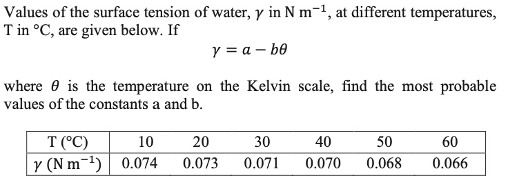 Values of the surface tension of water, y in N m¬1, at different temperatures,
T in °C, are given below. If
y = a – b0
where 0 is the temperature on the Kelvin scale, find the most probable
values of the constants a and b.
T (°C)
10
20
30
40
50
60
|r (N m-1)| 0.074
0.066
0.073
0.071
0.070
0.068
