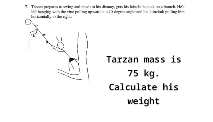 7. Tarzan prepares to swing and much to his dismay, gets his loincloth stuck on a branch. He's
left hanging with the vine pulling upward at a 40-degree angle and his loincloth pulling him
horizontally to the right.
40°
Tarzan mass is
75 kg.
Calculate his
weight
