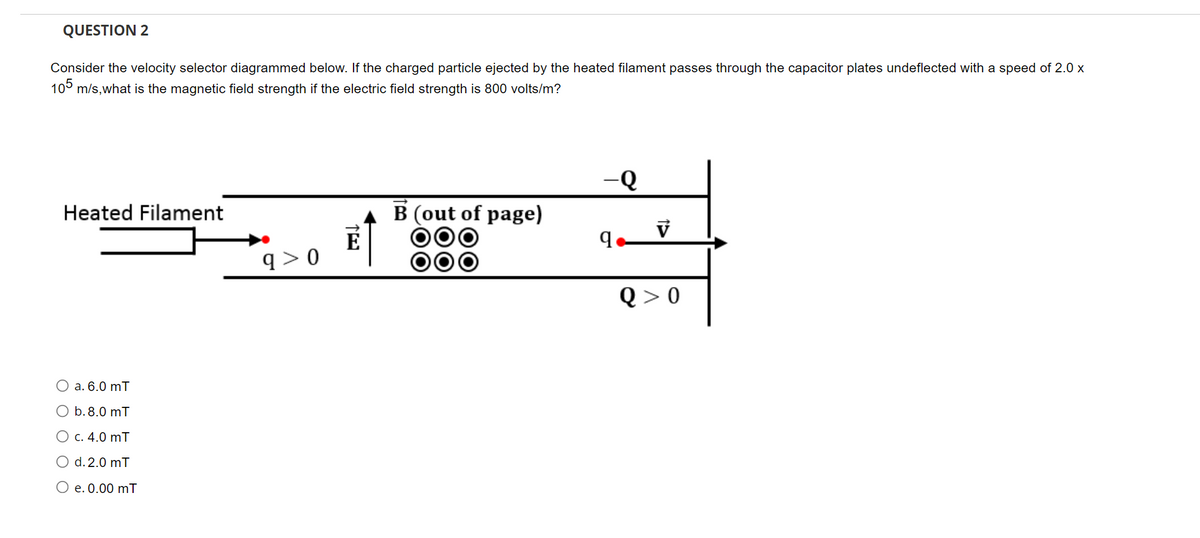 QUESTION 2
Consider the velocity selector diagrammed below. If the charged particle ejected by the heated filament passes through the capacitor plates undeflected with a speed of 2.0 x
10° m/s,what is the magnetic field strength if the electric field strength is 800 volts/m?
-Q
Heated Filament
B (out of page)
E
q > 0
> 0
O a. 6.0 mT
O b.8.0 mT
O c. 4.0 mT
O d. 2.0 mT
O e. 0.00 mT
