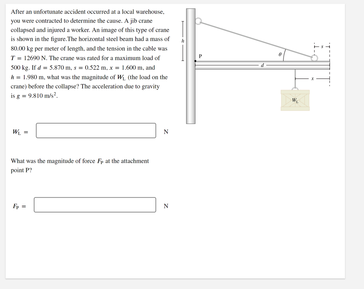 After an unfortunate accident occurred at a local warehouse,
you were contracted to determine the cause. A jib crane
collapsed and injured a worker. An image of this type of crane
is shown in the figure.The horizontal steel beam had a mass of
80.00 kg per meter of length, and the tension in the cable was
P
T =
12690 N. The crane was rated for a maximum load of
500 kg. If d :
5.870 m, s = 0.522 m, x =
1.600 m, and
h = 1.980 m, what was the magnitude of WL (the load on the
X
crane) before the collapse? The acceleration due to gravity
is g :
9.810 m/s?.
WL
WL =
N
What was the magnitude of force Fp at the attachment
point P?
Fp
N
