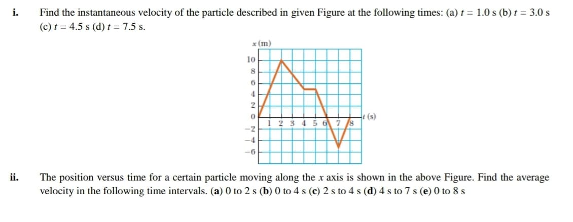 i.
Find the instantaneous velocity of the particle described in given Figure at the following times: (a) t = 1.0 s (b) t = 3.0 s
(c) t = 4.5 s (d) t = 7.5 s.
х (m)
10
8
6
4
45 6 7 8
(s) :
2.
-2
-4
-6
ii.
The position versus time for a certain particle moving along the x axis is shown in the above Figure. Find the average
velocity in the following time intervals. (a) 0 to 2 s (b) 0 to 4 s (c) 2 s to 4 s (d) 4 s to 7 s (e) 0 to 8 s
