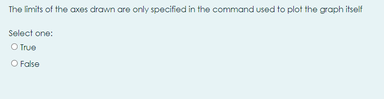 The limits of the axes drawn are only specified in the command used to plot the graph itself
Select one:
O True
O False
