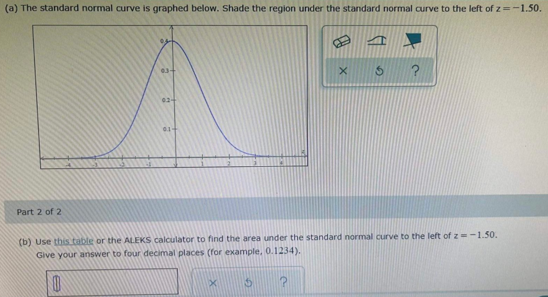 (a) The standard normal curve is graphed below. Shade the region under the standard normal curve to the left of z=-1.50.
0.
0.3+
0.2-
0.1+
Part 2 of 2
(b) Use this table or the ALEKS calculator to find the area under the standard normal curve to the left of z = -1.50.
Give your answer to four decimal places (for example, 0.1234).
