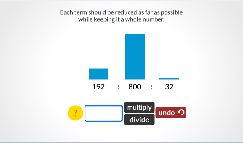 Each term should be reduced as far as possible
while keeping it a whole number.
192
: 800 : 32
:
multiply
?
undo 2
divide
