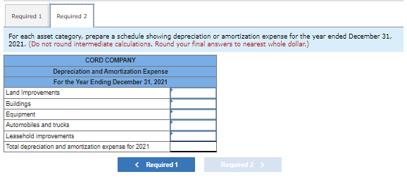 Required 1 Required 2
For each asset category, prepare a schedule showing depreciation or amortization expense for the year ended December 31,
2021. (Do not round intermediate calculations. Round your final answers to nearest whole dollar.)
CORD COMPANY
Depreciation and Amortization Expense
For the Year Ending December 31, 2021
Land Improvements
Buildings
Equipment
Automobiles and trucks
Leasehold improvements
Total depreciation and amortization expense for 2021
< Required 1
Required 2 >