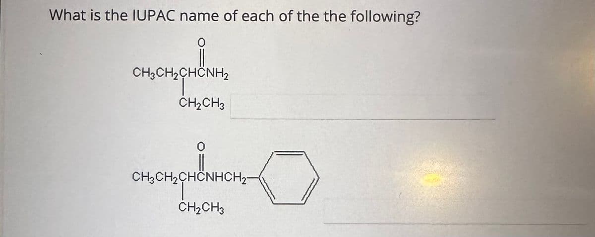 What is the IUPAC name of each of the the following?
CH,CH, CHÍNH2
CH₂CH3
0
CH3CH₂CHÖNHCH₂
CH₂CH3