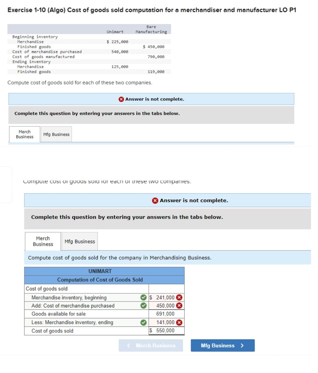 Exercise 1-10 (Algo) Cost of goods sold computation for a merchandiser and manufacturer LO P1
Unimart
Bare
Manufacturing
Beginning inventory
Merchandise
$ 225,000
Finished goods
$ 450,000
Cost of merchandise purchased
540,000
Cost of goods manufactured
790,000
Ending inventory
Merchandise
125,000
Finished goods
119,000
Compute cost of goods sold for each of these two companies.
X Answer is not complete.
Complete this question by entering your answers in the tabs below.
Merch
Business
Mfg Business
Compute cost of goods sold for each of these two companies.
X Answer is not complete.
Complete this question by entering your answers in the tabs below.
Merch
Business
Mfg Business
Compute cost of goods sold for the company in Merchandising Business.
UNIMART
Computation of Cost of Goods Sold
Cost of goods sold
Merchandise inventory, beginning
$ 241,000 X
450,000 X
Add: Cost of merchandise purchased
Goods available for sale
691,000
141,000
Less: Merchandise inventory, ending
Cost of goods sold
$ 550,000
<Merch Business
✓
Mfg Business >