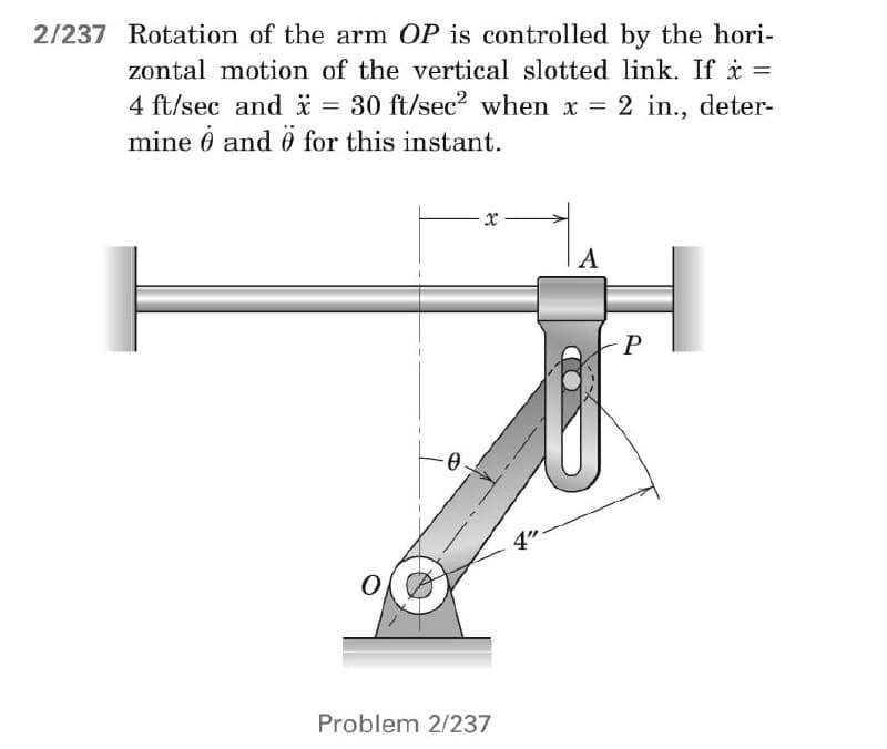 2/237 Rotation of the arm OP is controlled by the hori-
zontal motion of the vertical slotted link. If x =
4 ft/sec and x = 30 ft/sec² when x = 2 in., deter-
mine 0 and 0 for this instant.
A
0
Problem 2/237
P