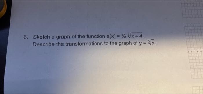 6. Sketch a graph of the function a(x) = x+4.
Describe the transformations to the graph of y = x.
%3D
