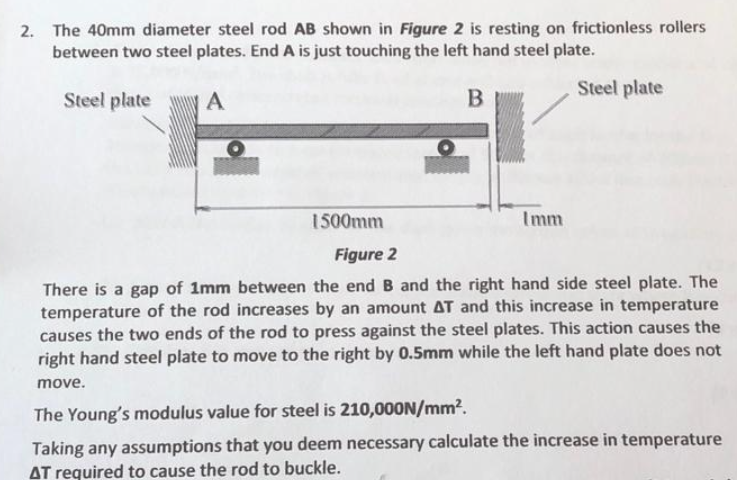 2. The 40mm diameter steel rod AB shown in Figure 2 is resting on frictionless rollers
between two steel plates. End A is just touching the left hand steel plate.
Steel plate
Steel plate
А
1500mm
Imm
Figure 2
There is a gap of 1mm between the end B and the right hand side steel plate. The
temperature of the rod increases by an amount AT and this increase in temperature
causes the two ends of the rod to press against the steel plates. This action causes the
right hand steel plate to move to the right by 0.5mm while the left hand plate does not
move.
The Young's modulus value for steel is 210,00ON/mm?.
Taking any assumptions that you deem necessary calculate the increase in temperature
AT required to cause the rod to buckle.
