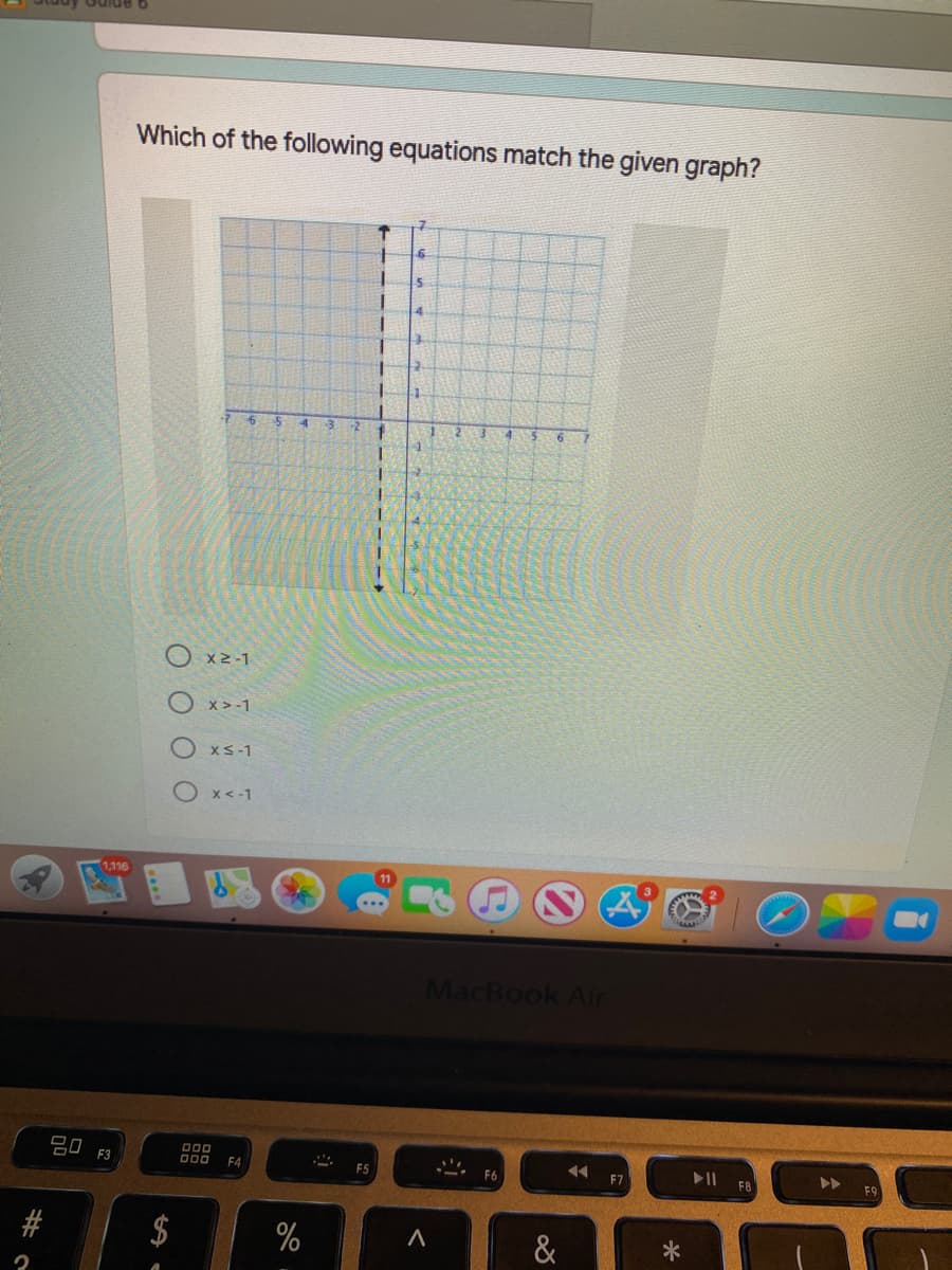 g apino
Which of the following equations match the given graph?
-2
O x2-1
x > -1
O xs-1
x <-1
1116
MacBook Air
20
II F8
F3
000
F4
F5
F6
F7
#
$
%
