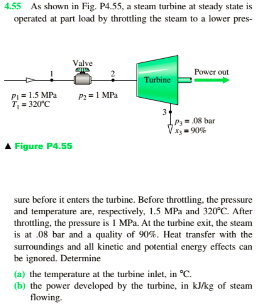 4.55 As shown in Fig. P4.55, a steam turbine at steady state is
operated at part load by throttling the steam to a lower pres-
Valve
Power out
Turbine
P1 = 1.5 MPa
T = 320°C
P2 = 1 MPa
3
P3 = .08 bar
X3 = 90%
A Figure P4.55
sure before it enters the turbine. Before throttling, the pressure
and temperature are, respectively, 1.5 MPa and 320°C. After
throttling, the pressure is 1 MPa. At the turbine exit, the steam
is at .08 bar and a quality of 90%. Heat transfer with the
surroundings and all kinetic and potential energy effects can
be ignored. Determine
(a) the temperature at the turbine inlet, in °C.
(b) the power developed by the turbine, in kJ/kg of steam
flowing.
